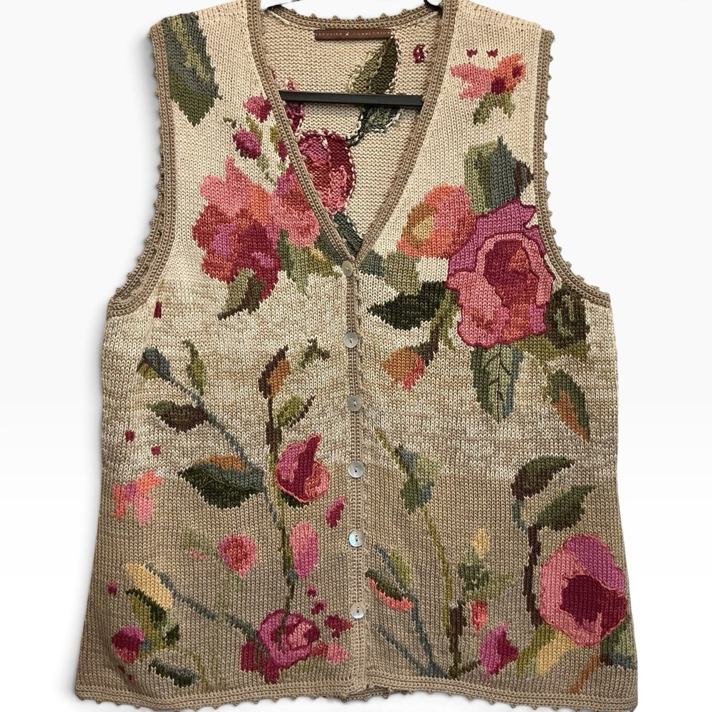 Peruvian Connection Rare Floral Intarsia Knit Sweater Vest Artisan Wearable Art
